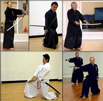 Members of Rocky Mountain Budokan demonstrating sword drawing positions in Iaido